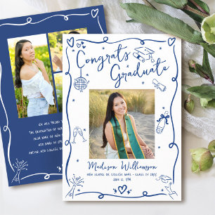 Blue White Graduation 5 Photo Hand Drawn Sketches Announcement