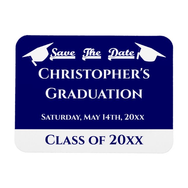 Blue White Graduation Cap Save The Date Magnet (Horizontal)