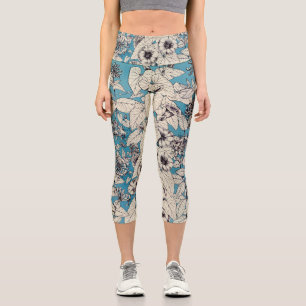 Blue White Graphic Flowers Pattern Capri Leggings