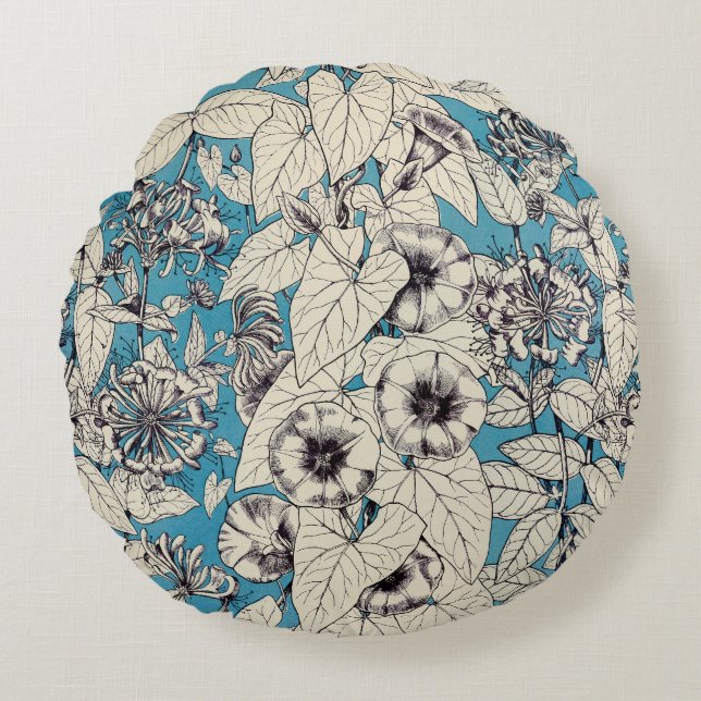 Blue White Graphic Flowers Pattern Round Cushion (Front)