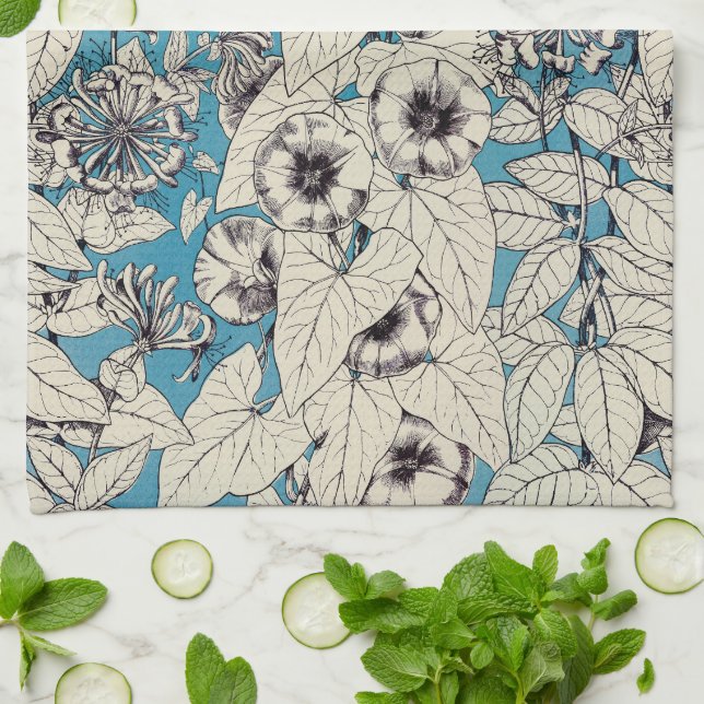 Blue White Graphic Flowers Pattern Tea Towel (Folded)