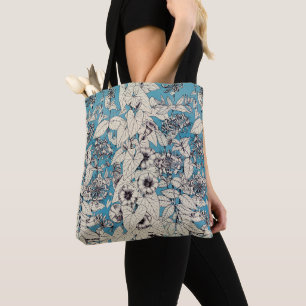 Blue White Graphic Flowers Pattern Tote Bag