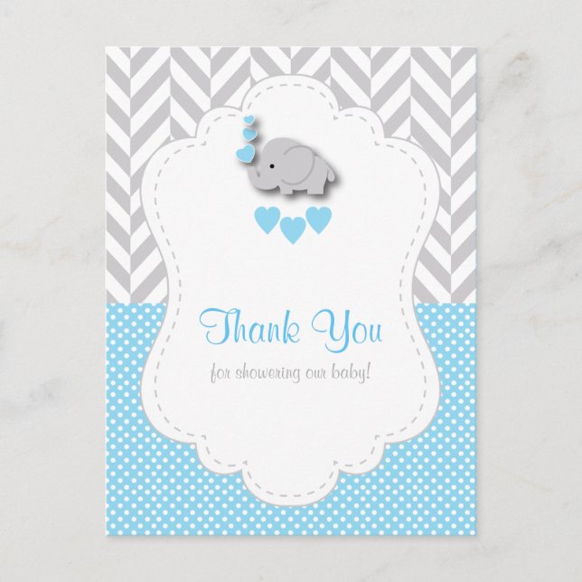 Blue, White, Gray Elephant Baby Shower Thank You Postcard (Front)