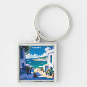 Blue White Greece Vintage Travel Key Ring