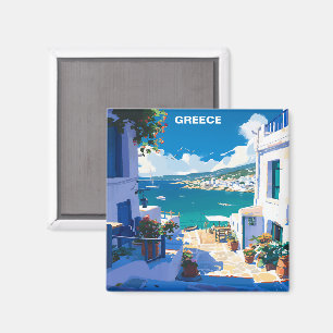 Blue White Greece Vintage Travel Magnet
