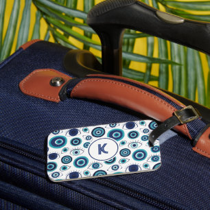 Blue White Greek Evil Eye Pattern Monogram Luggage Tag
