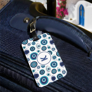 Blue White Greek Evil Eye Pattern Monogram Luggage Tag