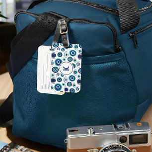 Blue White Greek Evil Eye Pattern Monogram Luggage Tag