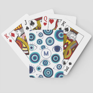 Blue White Greek Evil Eye Pattern Monogram Playing Cards