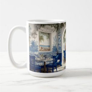 Blue white greek restaurant cafe chair arched door coffee mug