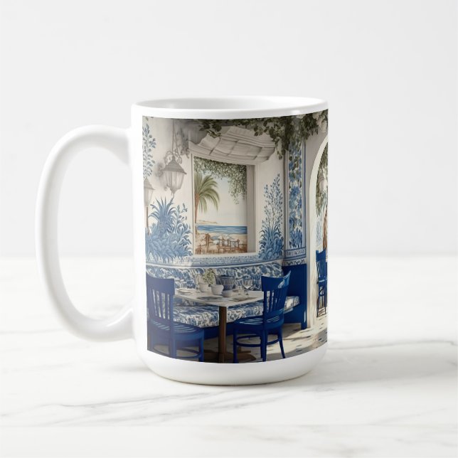 Blue white greek restaurant cafe chair arched door coffee mug (Left)