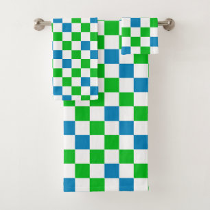 Blue White Green Chequered Design Bath Towel Set
