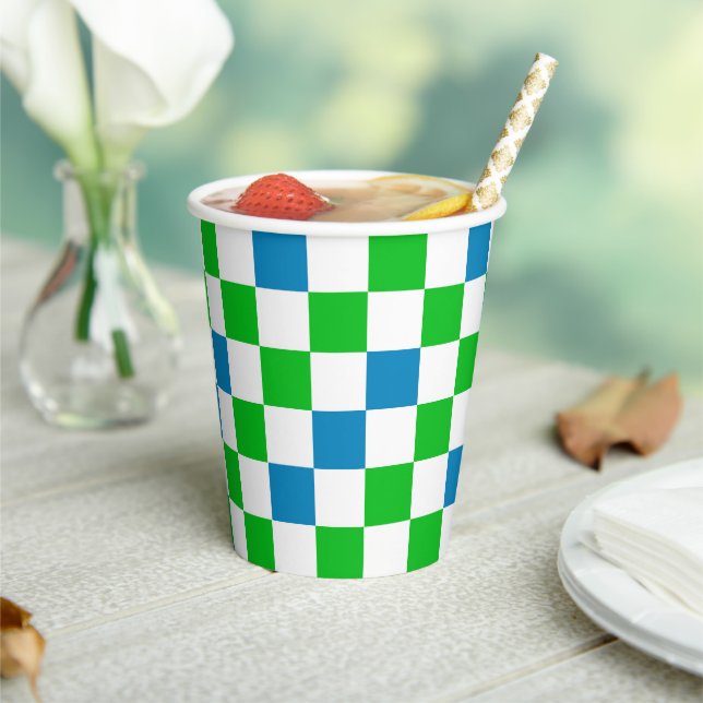 Blue White Green Chequered Design  Paper Cups (Insitu)