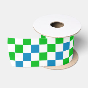 Blue White Green Chequered Design Satin Ribbon