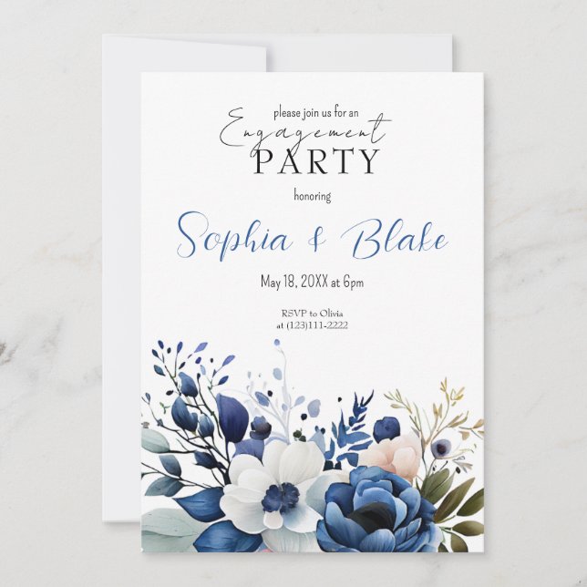 Blue, White & Green Floral White Engagement Party Invitation (Front)