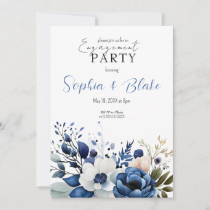 Blue, White & Green Floral White Engagement Party Invitation