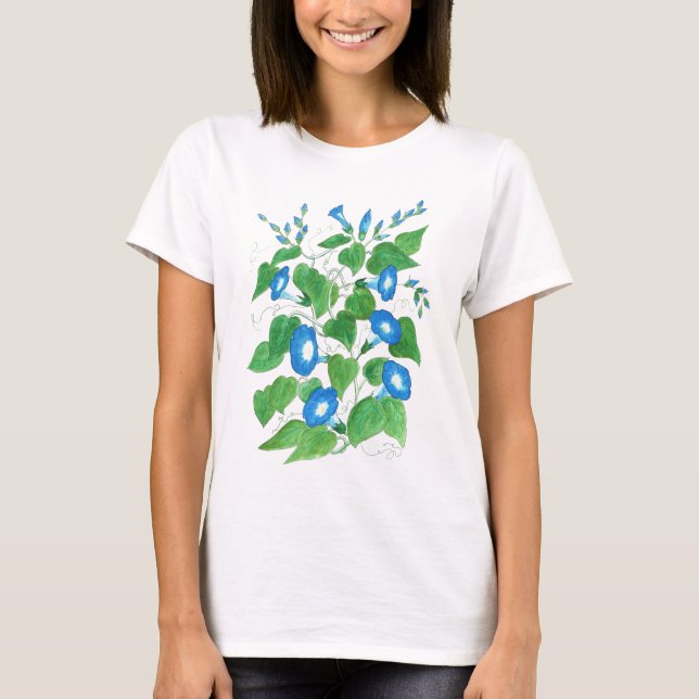 Blue, White, Green Ladies T-shirt, Morning Glories T-Shirt (Front)