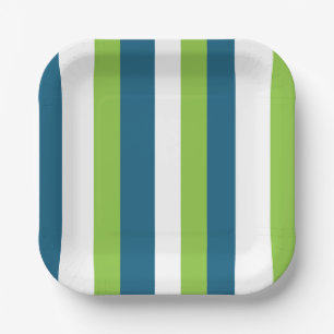 Blue White Green Vertical Stripes Party Paper Plate