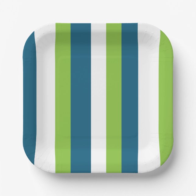 Blue White Green Vertical Stripes Party Paper Plate (Front)