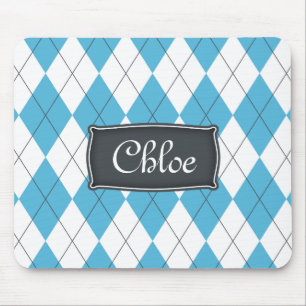 Blue White Grey Argyle with Name Mouse Mat
