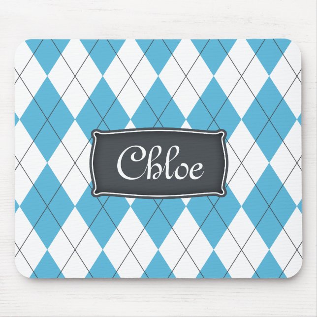 Blue White Grey Argyle with Name Mouse Mat (Front)