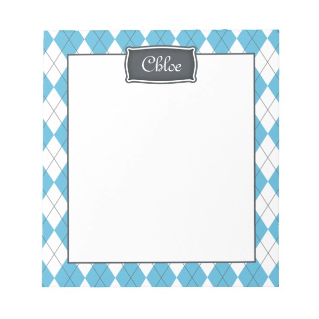 Blue White Grey Argyle with Name Notepad (Front)
