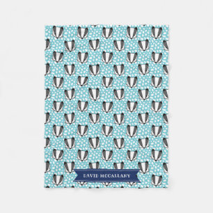 Blue White Grey - Badger Pattern - Name Fleece Blanket