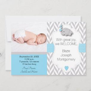 Blue, White, Grey Elephant 🐘 Baby Photo Announcement