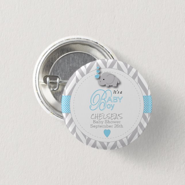Blue, White Grey Elephant Baby Shower 3 Cm Round Badge (Front & Back)