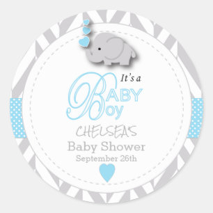 Blue, White Grey Elephant Baby Shower Classic Round Sticker