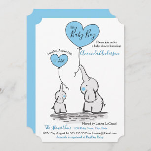 Blue, White Grey Elephant Baby Shower Invitation