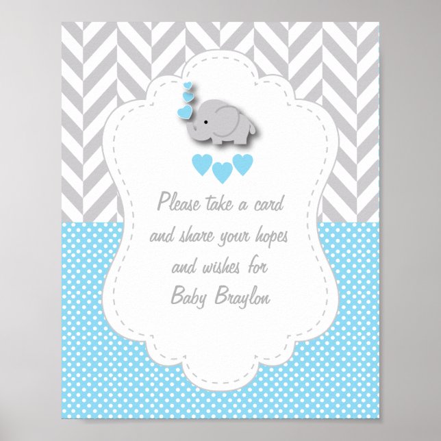 Blue, White Grey Elephant Baby Shower Poster (Front)