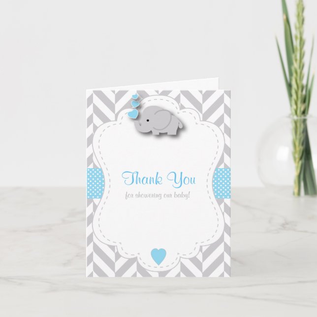 Blue, White Grey Elephant 🐘 Baby Shower Thank You (Front)