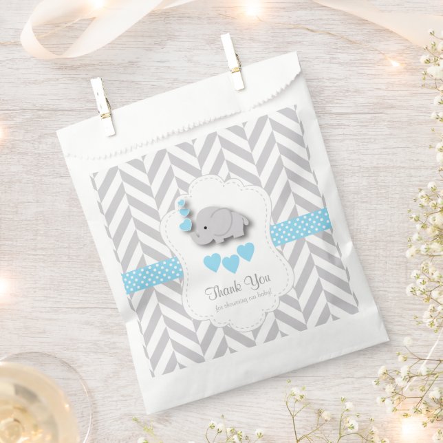 Blue, White Grey Elephant Baby Shower Thank You Favour Bags (Clipped)