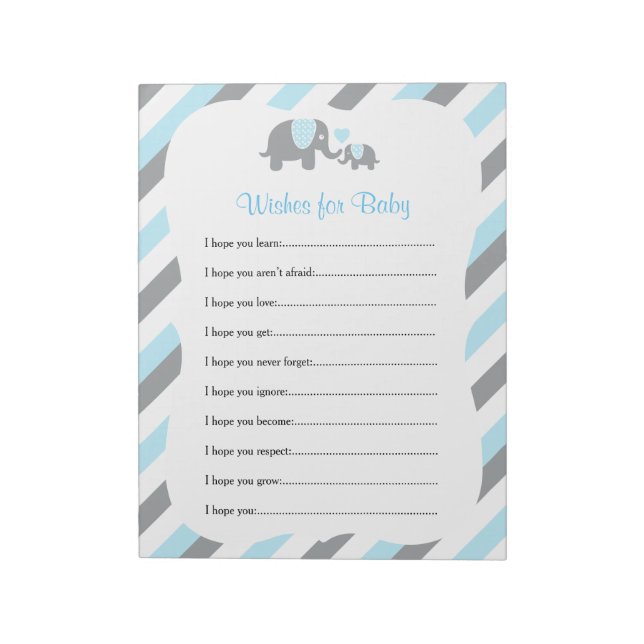 Blue, White & Grey Elephant Baby Shower - Wishes 2 Notepad (Rotated)