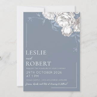 Blue White & Grey Etched Floral Wedding Invitation
