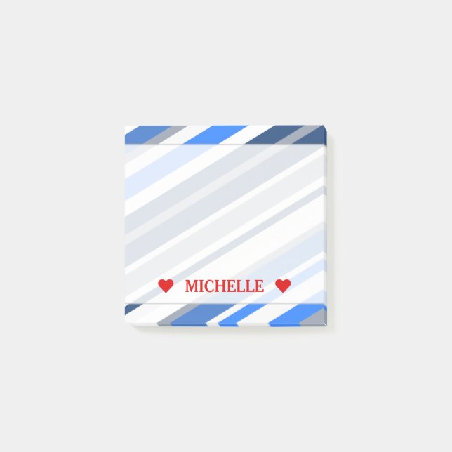 Blue/White/Grey Lines/Stripes Pattern; Custom Name Post-it Notes (Front)