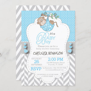 Blue, White Grey Monkey Baby Shower Invitations