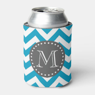 Blue White Grey Zigzag Chevron Monogram Can Cooler
