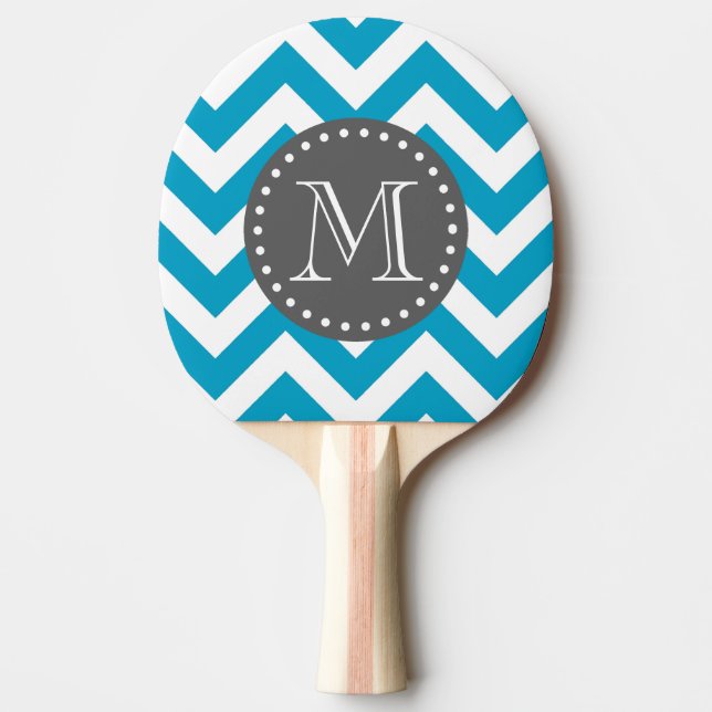 Blue White Grey Zigzag Chevron Monogram Ping Pong Paddle (Front)