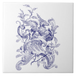 Blue & White Griffin On Rocaille Baroque Rococo Tile