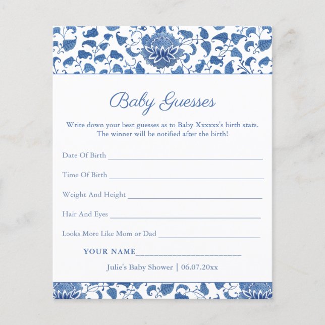 Blue White Guess Baby Birth Stats Shower Game Card (Front)