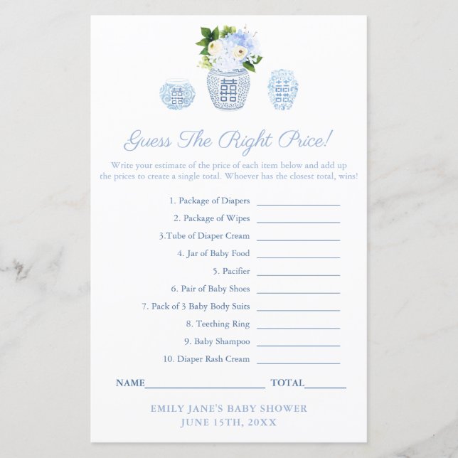 Blue & White Guess The Price Baby Shower Game Card (Front)