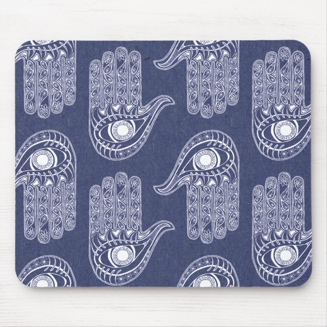 Blue & White Hamsa Hand Pattern / Evil Eye Defence Mouse Mat (Front)
