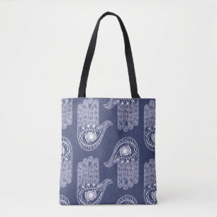 Blue & White Hamsa Hand Pattern / Evil Eye Defence Tote Bag