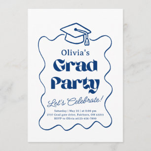Blue & White Hand Drawn Doodle Graduation Party Invitation