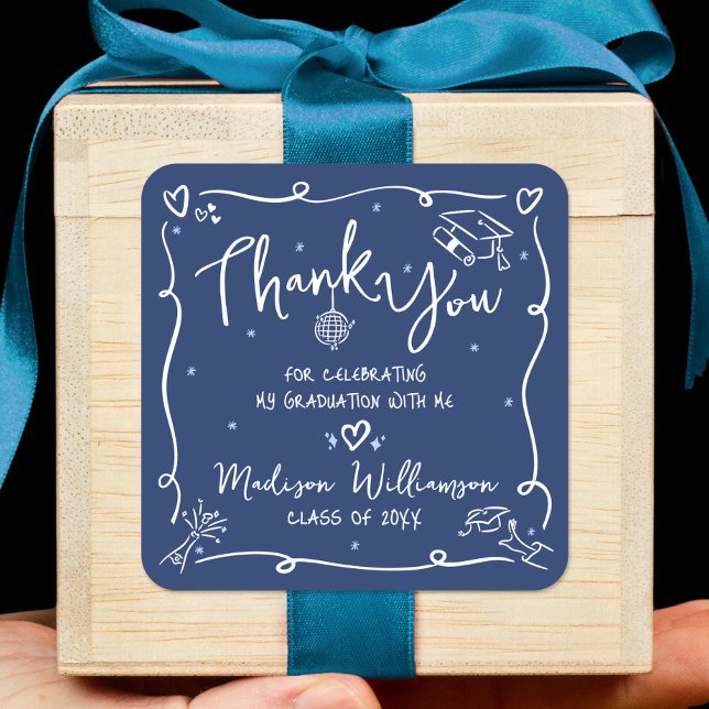 Blue White Hand Drawn Doodles Graduation Thank You Square Sticker (Creator Uploaded)