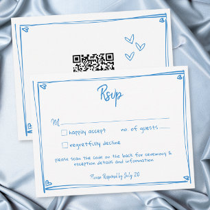 Blue White Hand Drawn Heart Whimsical Wedding QR RSVP Card