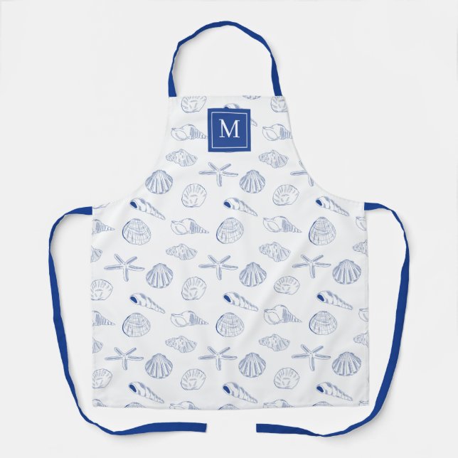 Blue White Hand Drawn Sea Shells Beach Summer  Apron (Front)