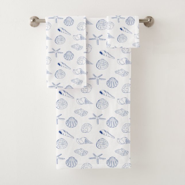 Blue White Hand Drawn Sea Shells Beach Summer  Bath Towel Set (Insitu)